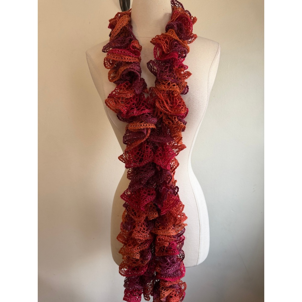 Handmade Crochet Ruffle Scarf Sunset Red Orange Metallic Shimmer Whimsigoth Boho
